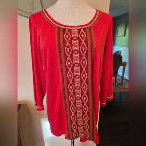 J. Jill Size Medium Embroidered 3/4 Sleeve Scoop Neck Cotton Top Shirt Boho